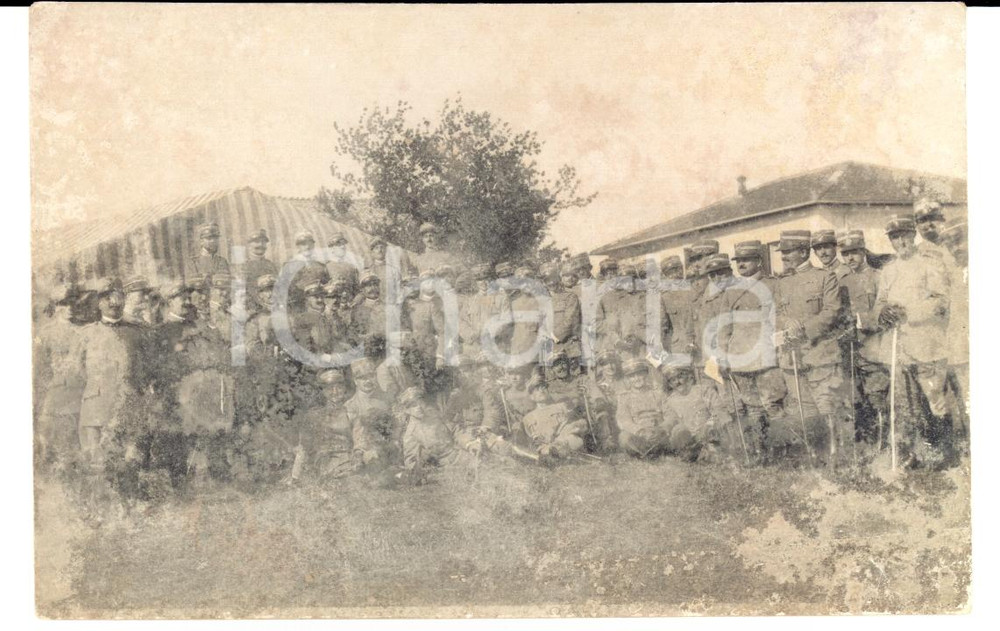 Fotografia d epoca originale 1915 WW1 MANZIANA RM Battaglione di fanteria in posa con tendone Foto FP NV 1