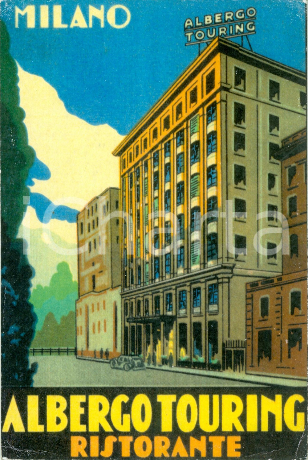Materiale pubblicitario d’epoca 1940 ca MILANO Albergo TOURING Cartone pubblicitario da tavolo ILLUSTRATO 1