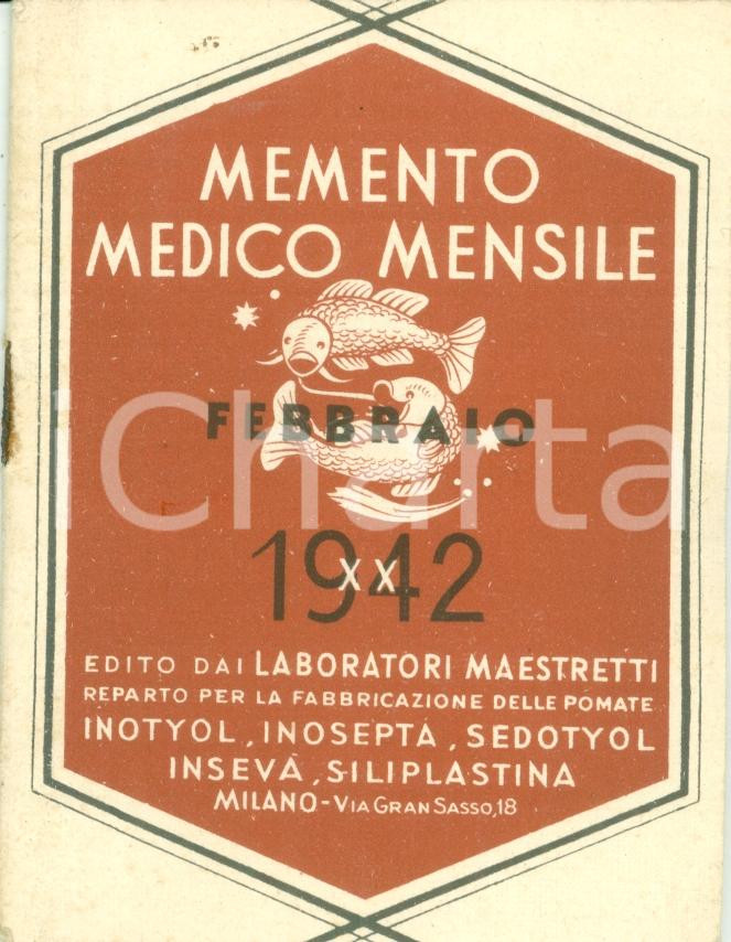Materiale pubblicitario d’epoca 1942 MILANO Laboratori MAESTRETTI Memento medico mensile febbraio ILLUSTRATO 1