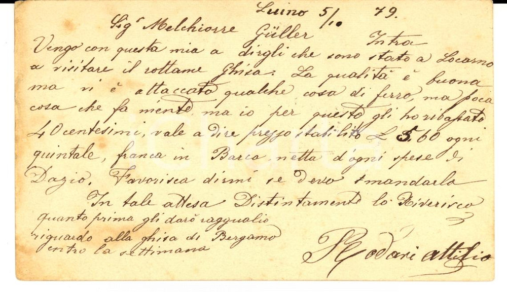 Documento originale, autentico 1879 LUINO VA Industriale Attilio RODARI a Melchiorre GULLER Verbania INTRA 1
