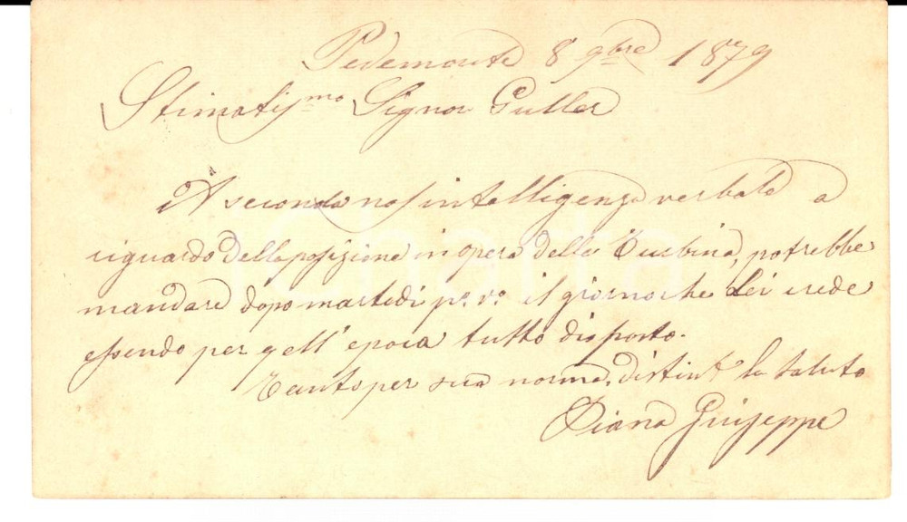 Documento originale, autentico 1879 PEDEMONTE VI Giuseppe PIANA a Melchiorre GULLER Verbania INTRA su turbina 1