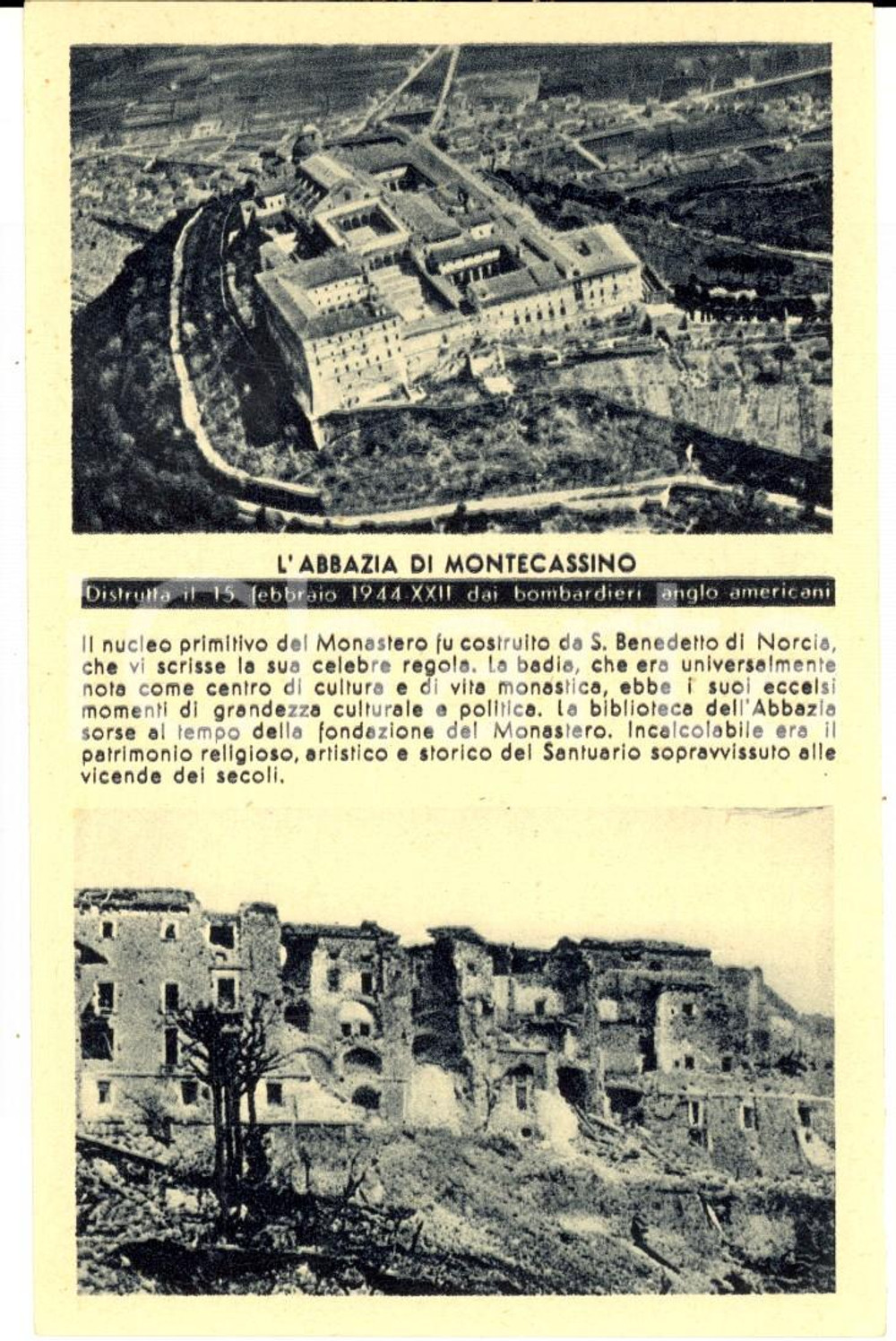 Cartolina originale da collezione 1944 PROPAGANDA RSI MONTECASSINO Abbazia distrutta da bombardamenti Cartolina 1