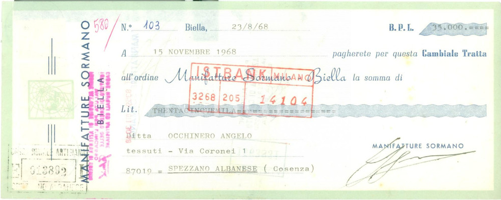 Documento originale, autentico 1968 BIELLA Manifatture SORMANO Cambiale intestata con bolli 1