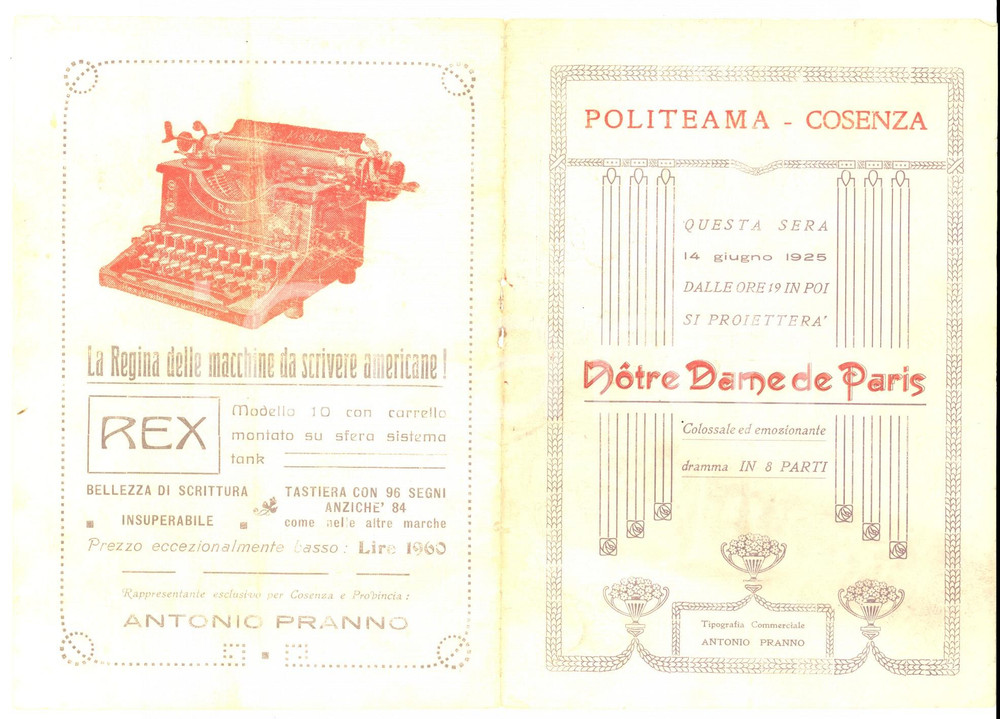 Documento originale, autentico 1925 COSENZA Teatro Politeama   Volantino NOTRE DAME DE PARIS Pubblicitario 1