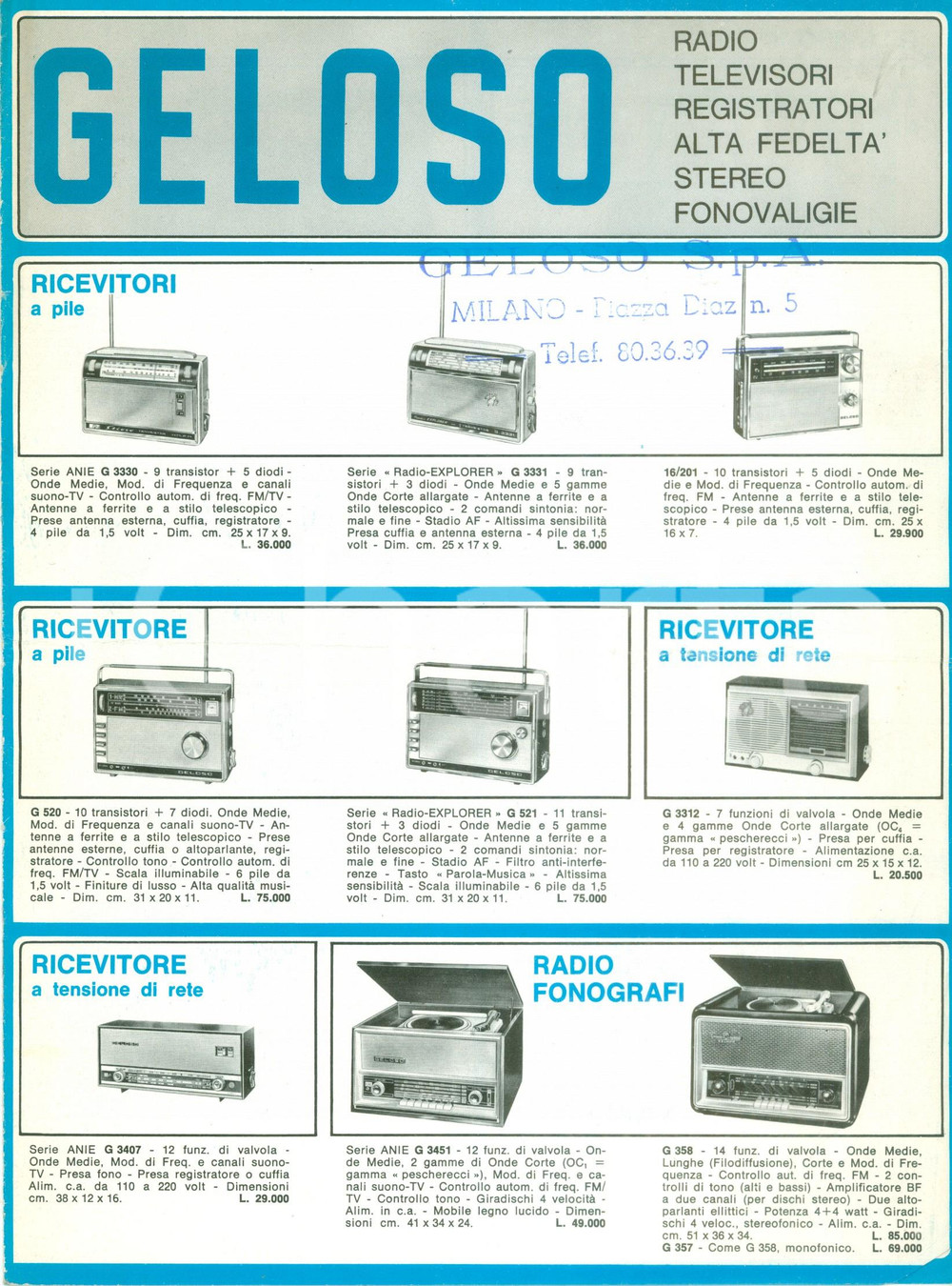 Materiale pubblicitario d’epoca 1970 ca MILANO Ditta GELOSO Radio televisori registratori Catalogo ILLUSTRATO 1