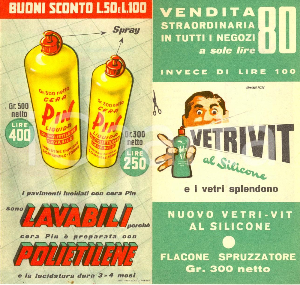 Materiale pubblicitario d’epoca 1960 ca TORINO Industrie chimiche GARRONE & C. VETRIVIT  Cera PLIN Ill. TESTA 1