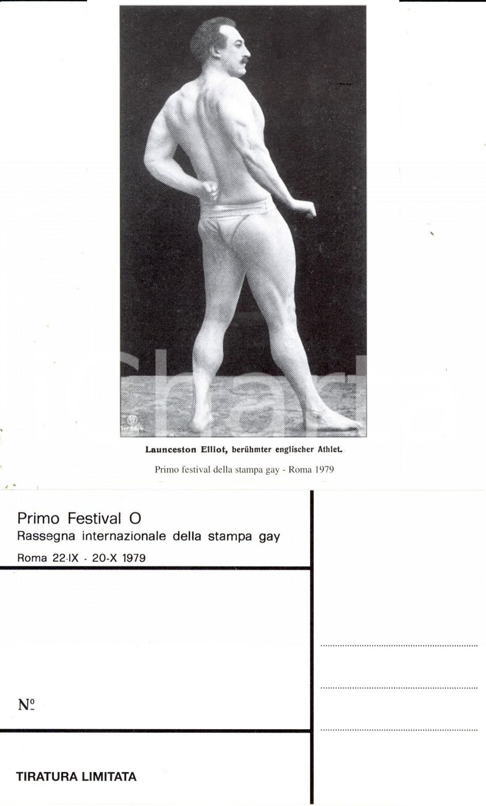 Cartolina originale da collezione 1979 ROMA Festival O STAMPA GAY Launceston ELLIOT lottatore e atleta inglese FP 1