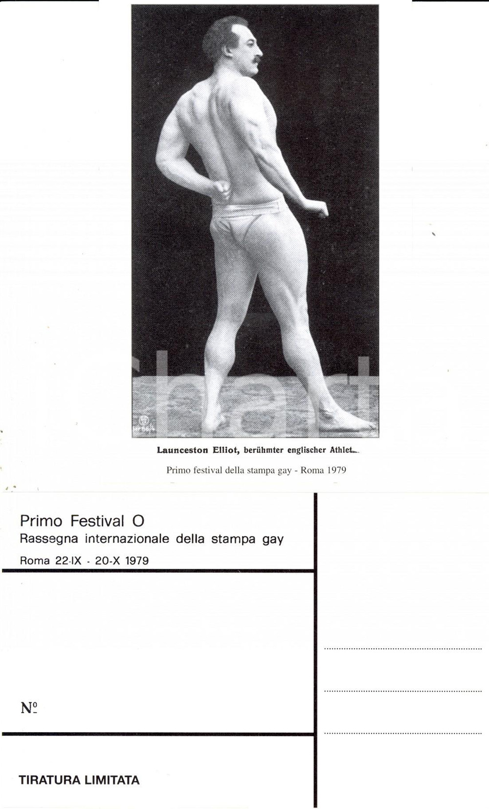 Cartolina originale da collezione 1979 ROMA Festival O STAMPA GAY Launceston ELLIOT lottatore e atleta inglese 6 1