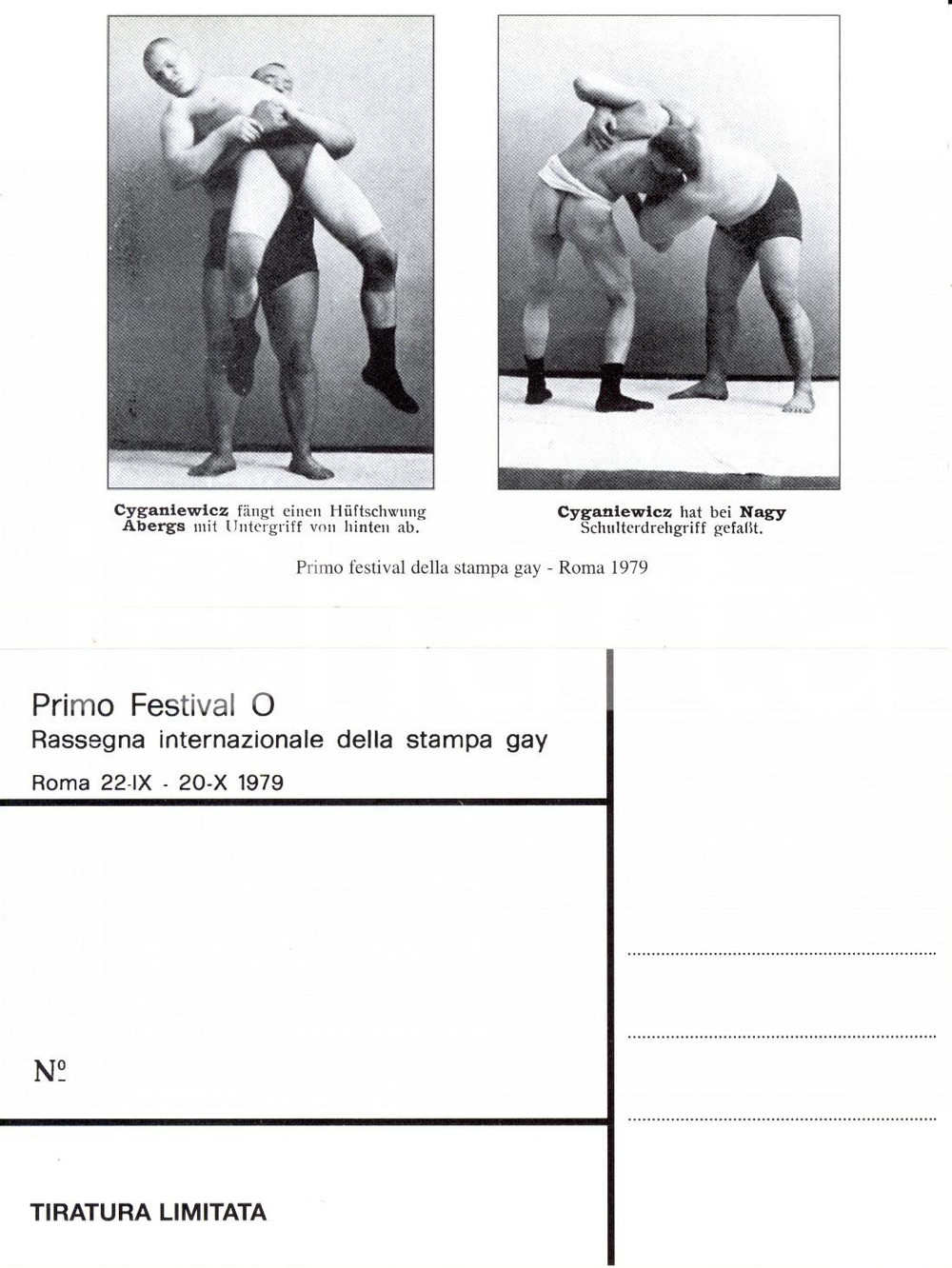 Cartolina originale da collezione 1979 ROMA Festival O STAMPA GAY Wrestler CYGANIEWICZ, ABERG, NAGY in azione 4 1