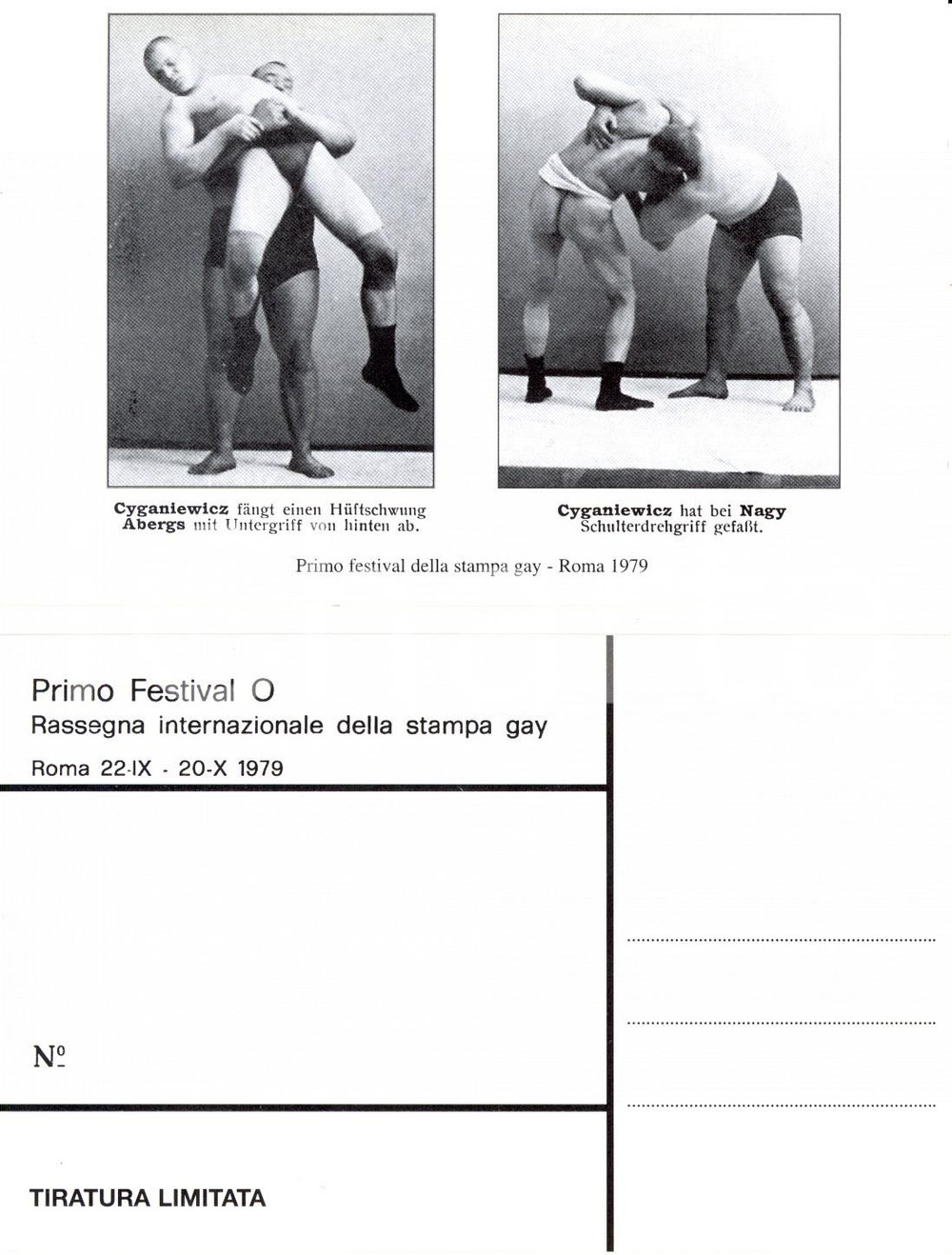 Cartolina originale da collezione 1979 ROMA Festival O STAMPA GAY Wrestler CYGANIEWICZ, ABERG, NAGY in azione 3 1