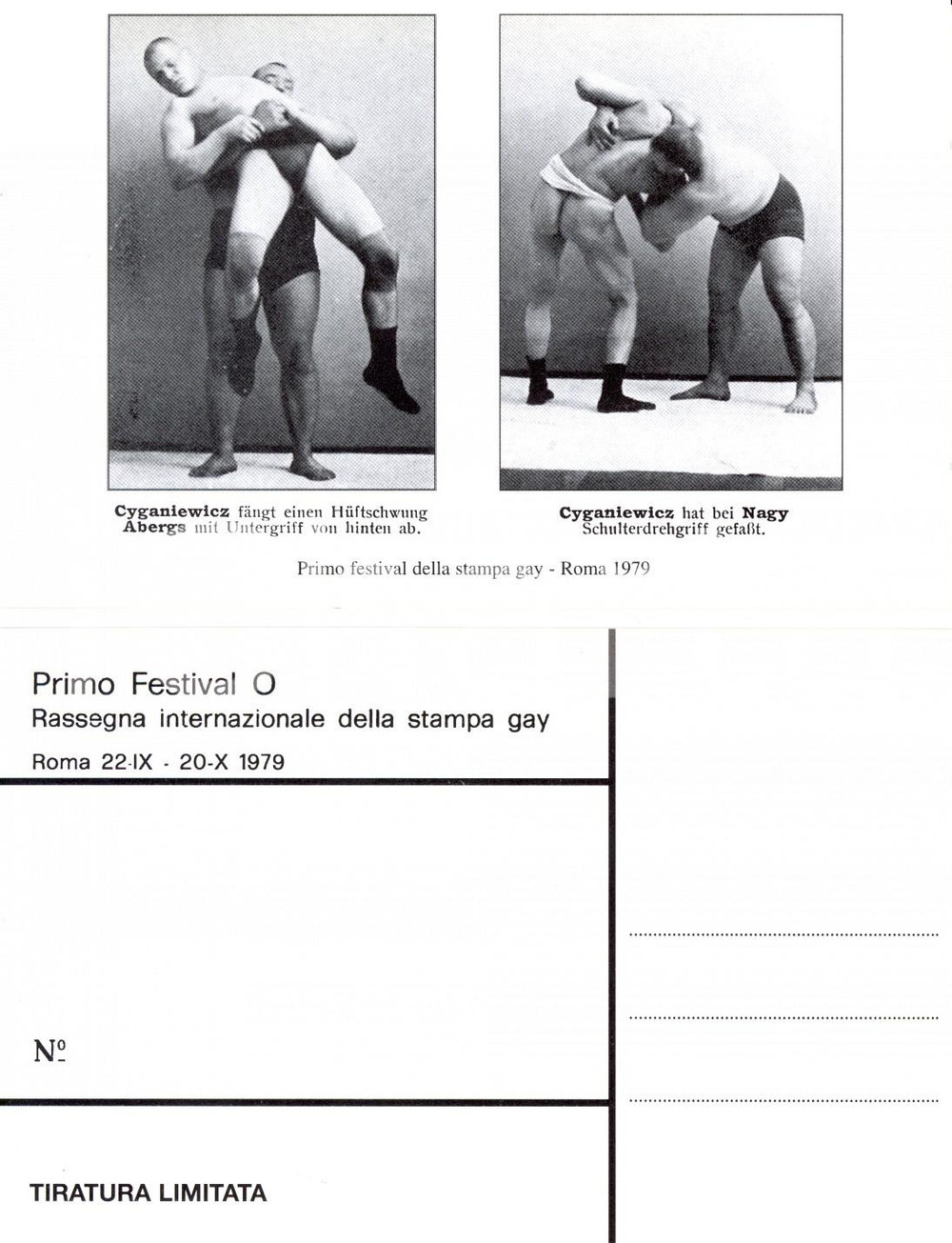 Cartolina originale da collezione 1979 ROMA Festival O STAMPA GAY Wrestler CYGANIEWICZ, ABERG, NAGY in azione 2 1