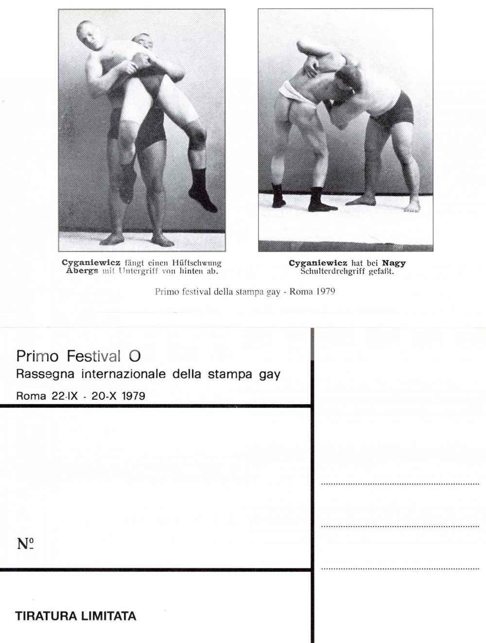 Cartolina originale da collezione 1979 ROMA Festival O STAMPA GAY Wrestler CYGANIEWICZ, ABERG, NAGY in azione 1 1