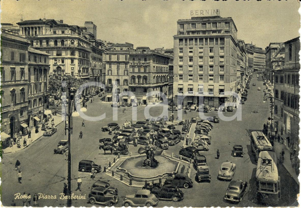 Cartolina originale da collezione 1956 ROMA Veduta di piazza BARBERINI con hotel BERNINI Cartolina ANIMATA FG VG 1
