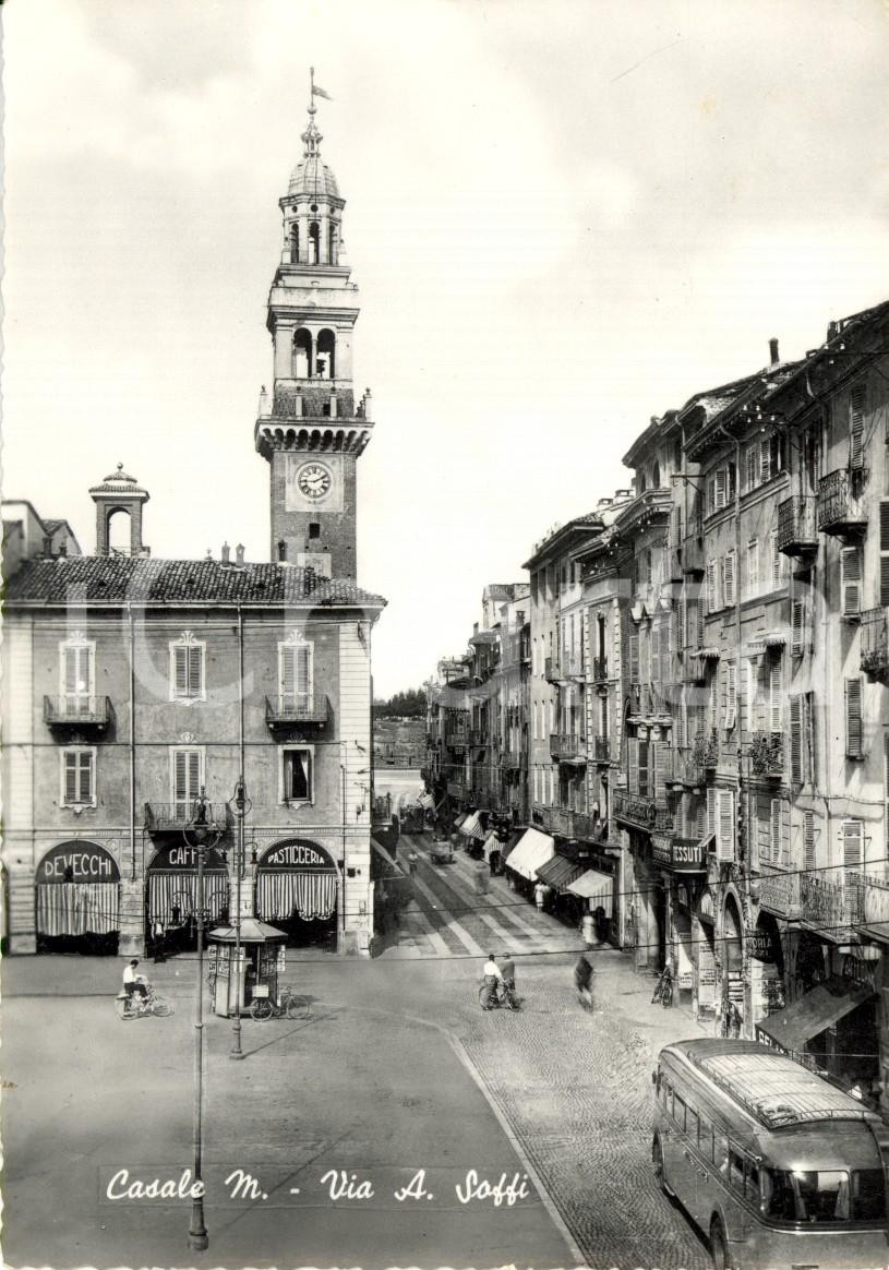 Cartolina originale da collezione 1953 CASALE AL Via Aurelio SAFFI torre SANTO STEFANO caffÃ¨ DEVECCHI ANIMATA FG 1