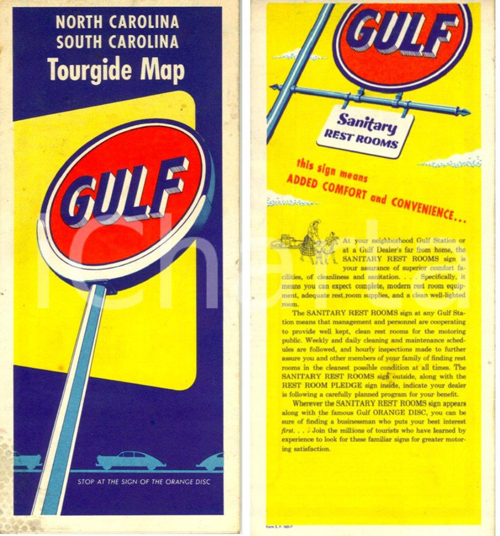 Mappa, planimetria storica 1955 ca Tourgide map of NORTH and SOUTH CAROLINA Mappa pubblicitaria GULF 1