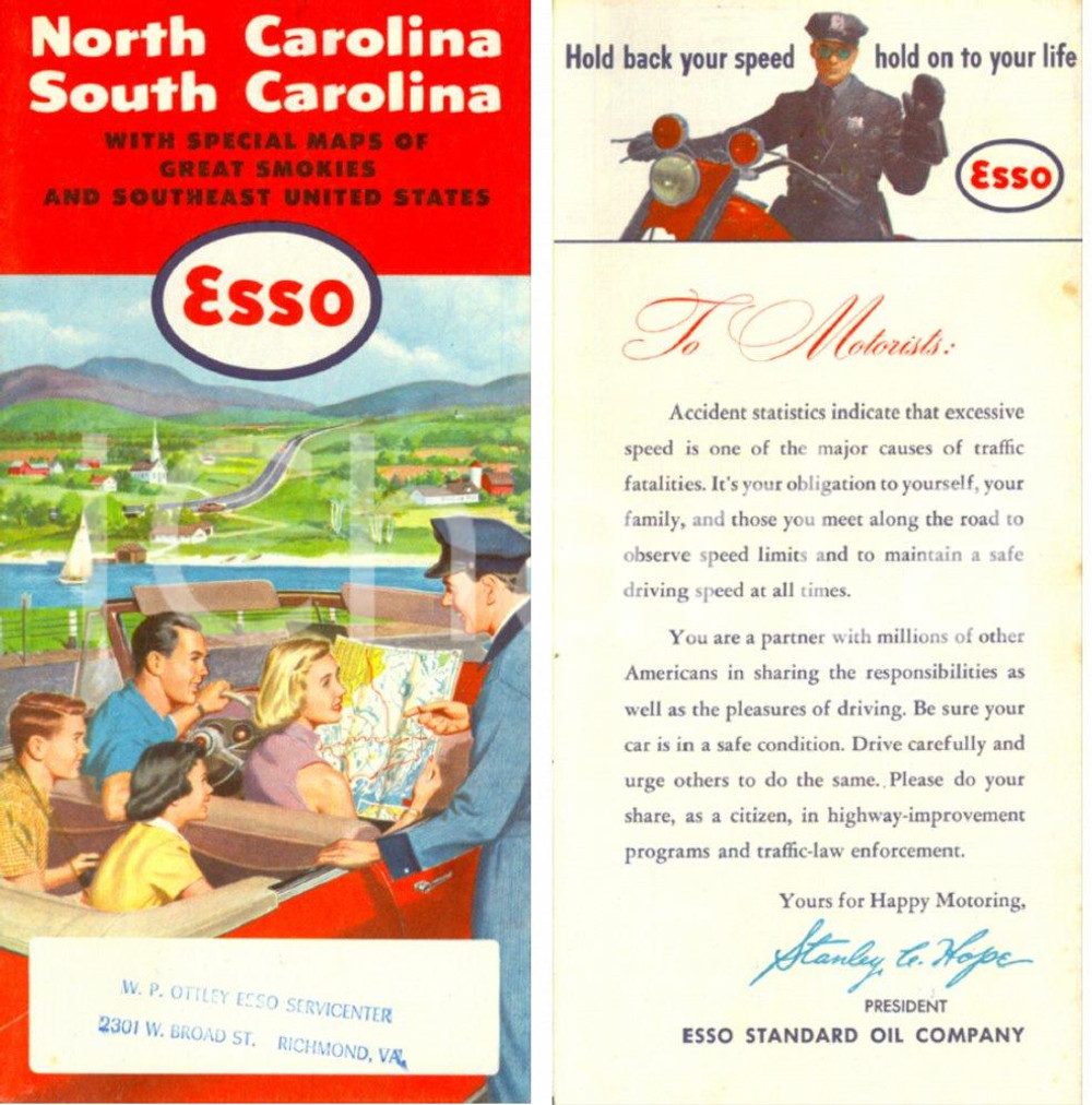 Mappa, planimetria storica 1954 Map of NORTH & SOUTH CAROLINA with GREAT SMOKIES Carta stradale ESSO 1