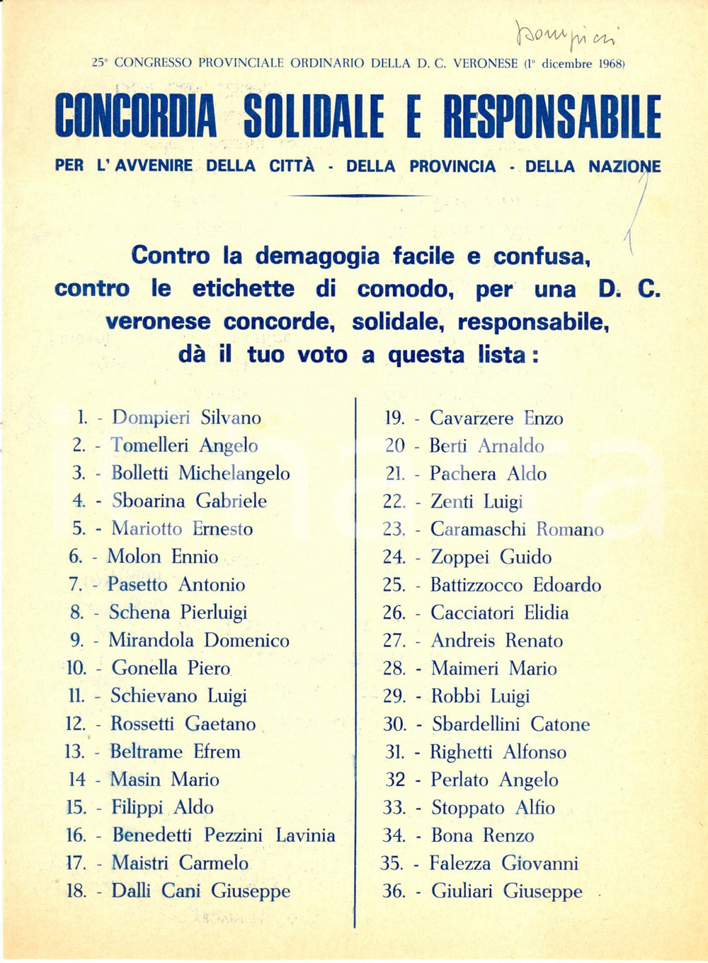 Materiale pubblicitario d’epoca 1968 VERONA XXV Congresso Provinciale DC Lista Concordia solidale responsabile 1