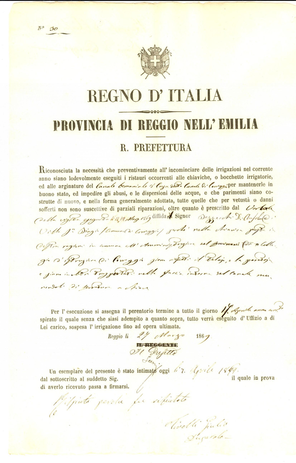 Documento originale, autentico 1869 SAN BIAGIO CORREGGIO RE Nuovo telaio per la chiavica di Anselma BEZZECCHI 1