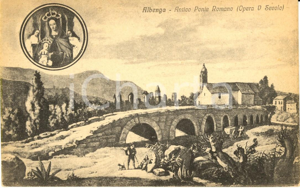 Cartolina originale da collezione 1930 ca ALBENGA SV Ponte romano con ritratto NOSTRA SIGNORA PONTELUNGO FP NV 1