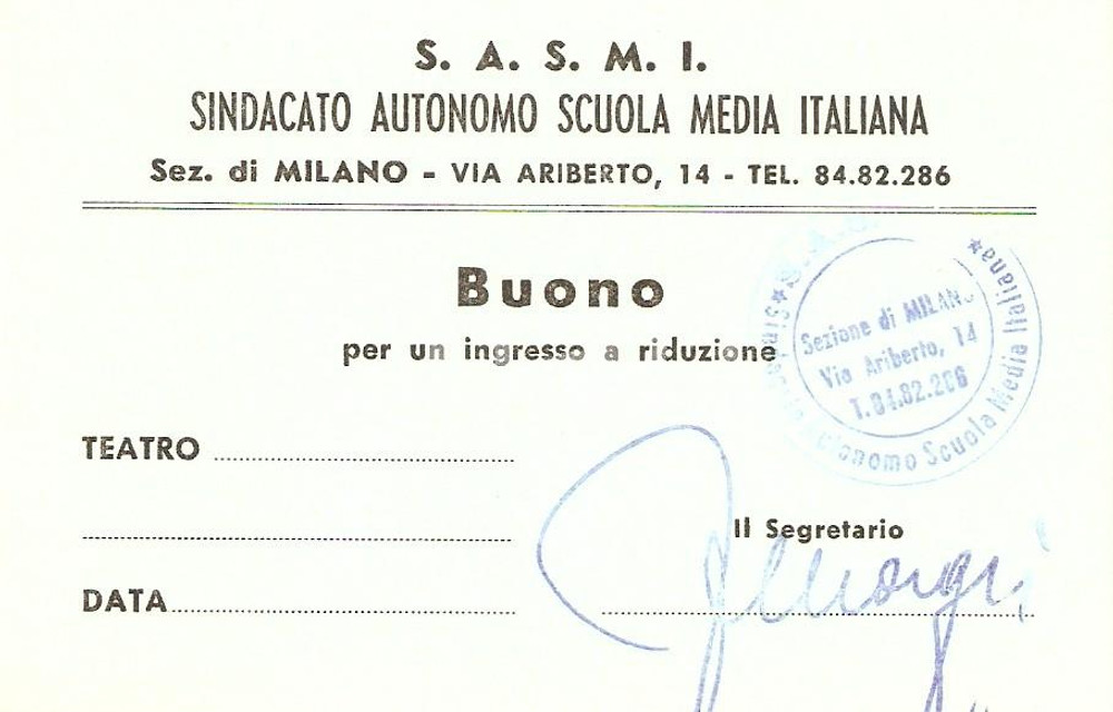 1955 ca MILANO Sindacato Autonomo Scuola Media SASMI Buono ingresso a teatro (6)