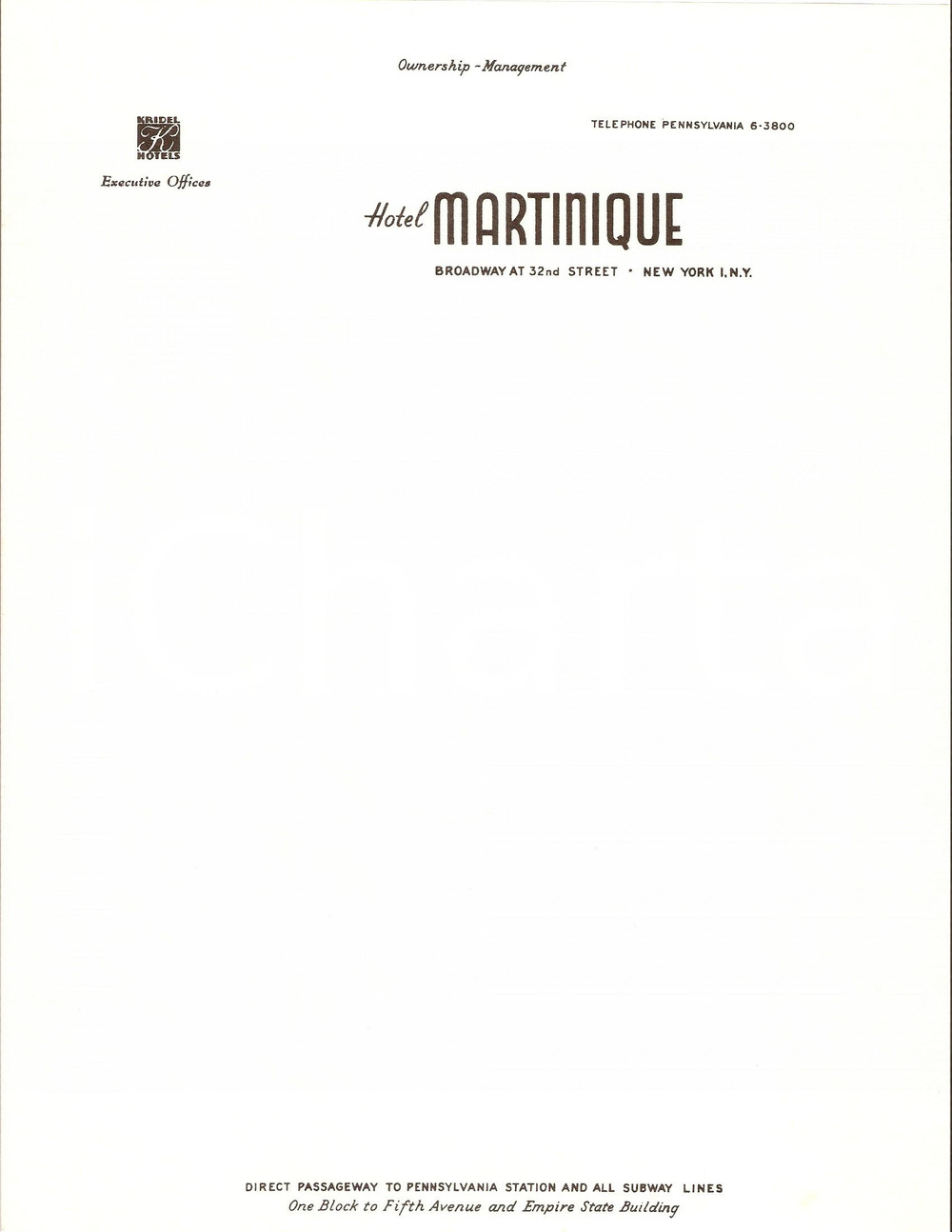 Materiale pubblicitario d’epoca 1950 ca NEW YORK Hotel MARTINIQUE Management KRIDEL Hotels Carta intestata 5 1
