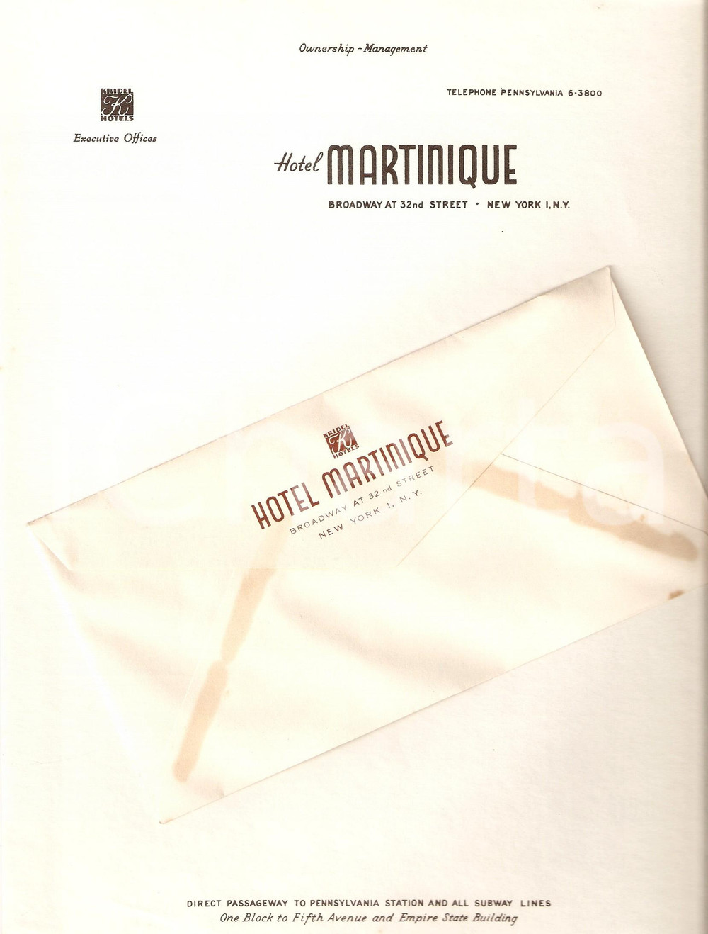 Materiale pubblicitario d’epoca 1950 ca NEW YORK Hotel MARTINIQUE Management KRIDEL Hotels Carta intestata 4 1