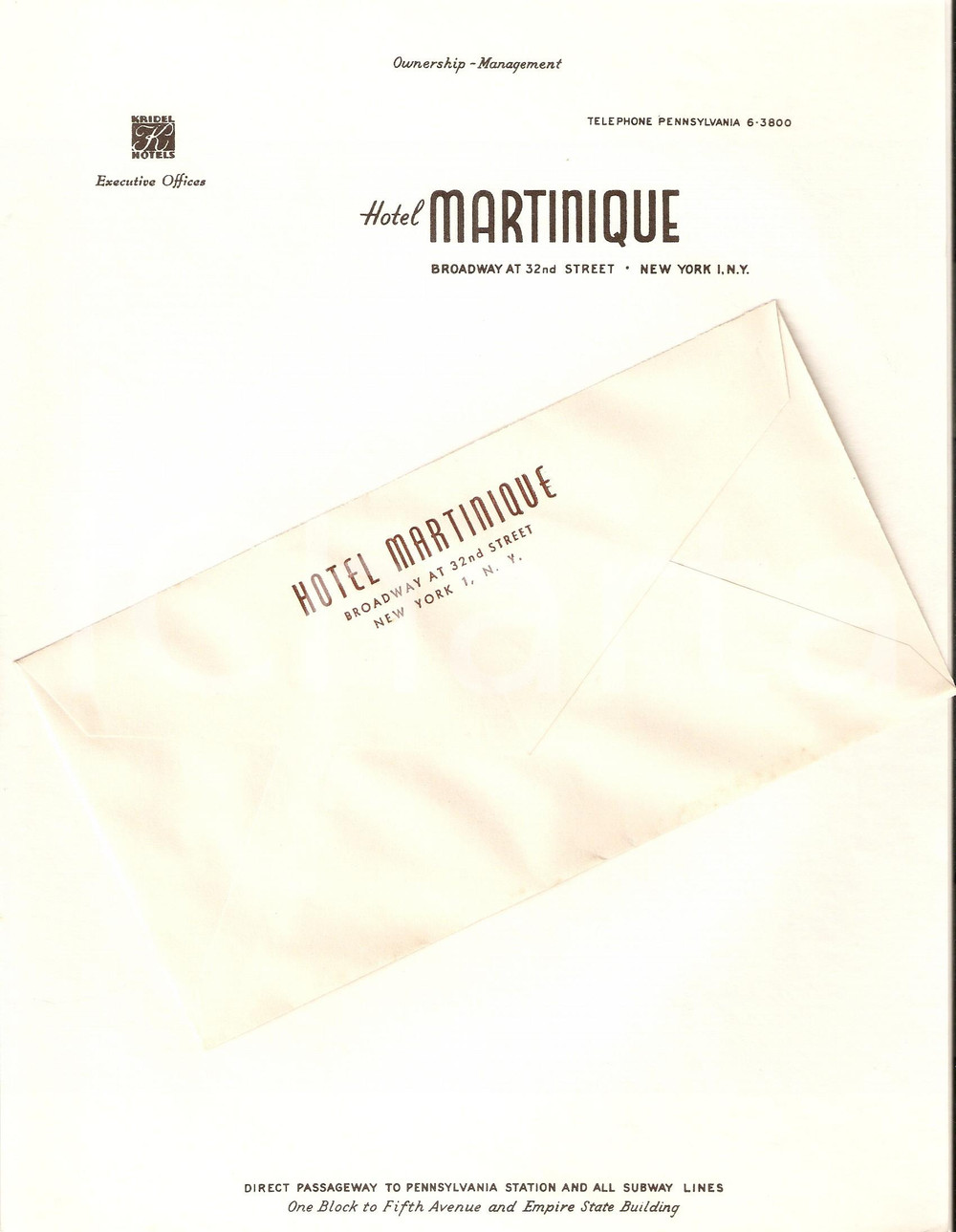 Materiale pubblicitario d’epoca 1950 ca NEW YORK Hotel MARTINIQUE Management KRIDEL Hotels Carta intestata 3 1
