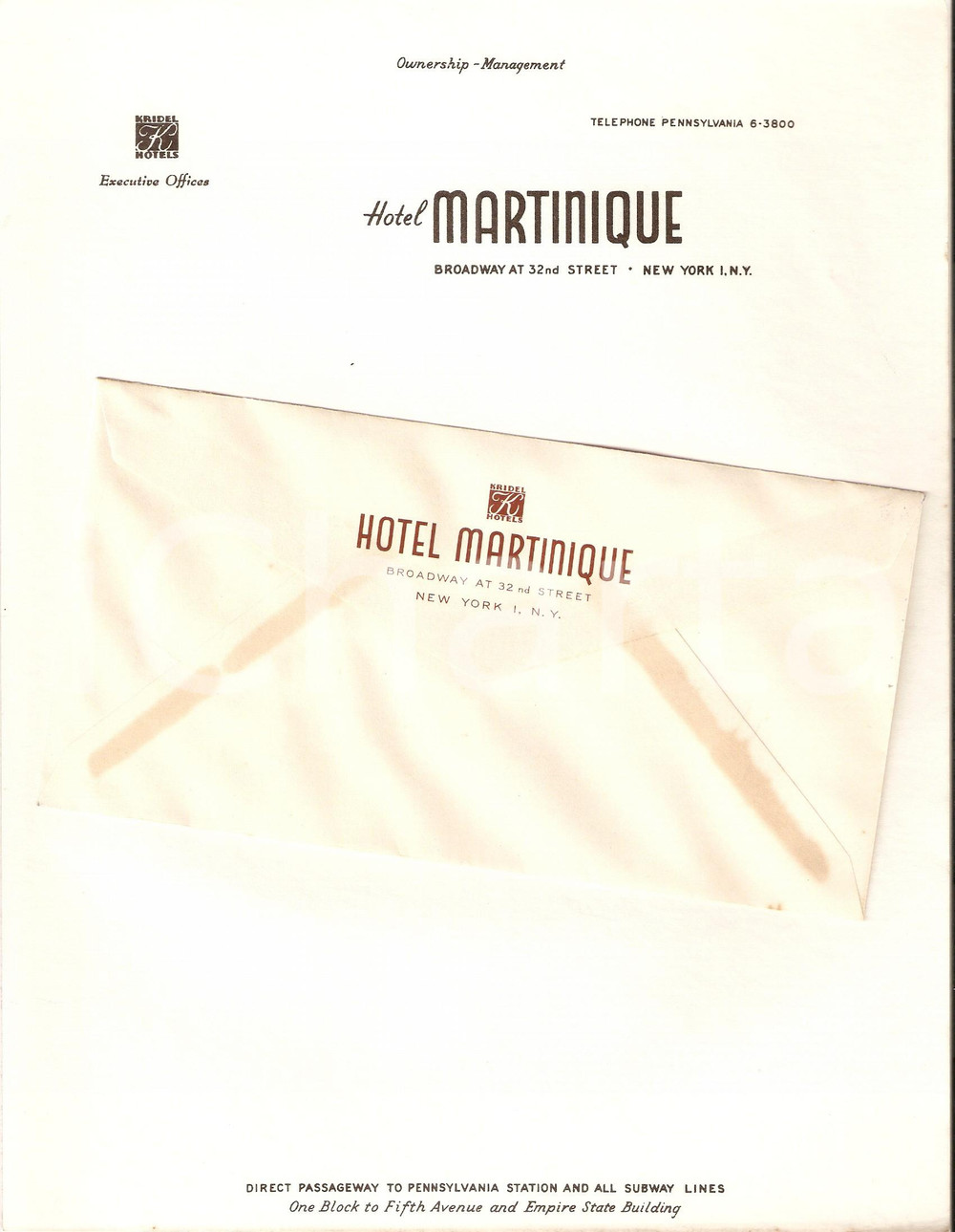 Materiale pubblicitario d’epoca 1950 ca NEW YORK Hotel MARTINIQUE Management KRIDEL Hotels Carta intestata 1 1