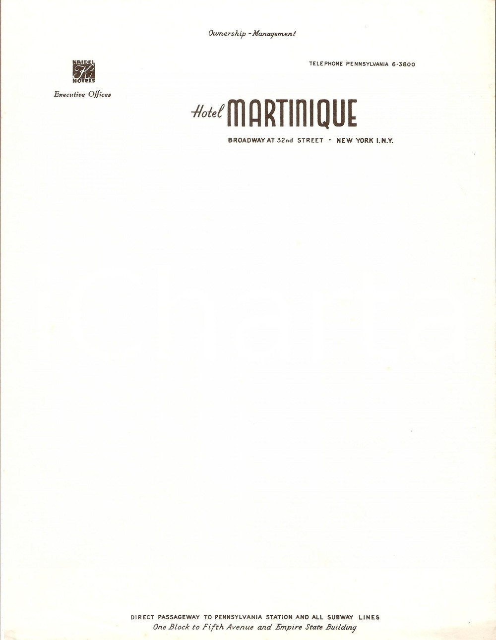 Materiale pubblicitario d’epoca 1950 ca NEW YORK Hotel MARTINIQUE Management KRIDEL Hotels Carta intestata 2 1