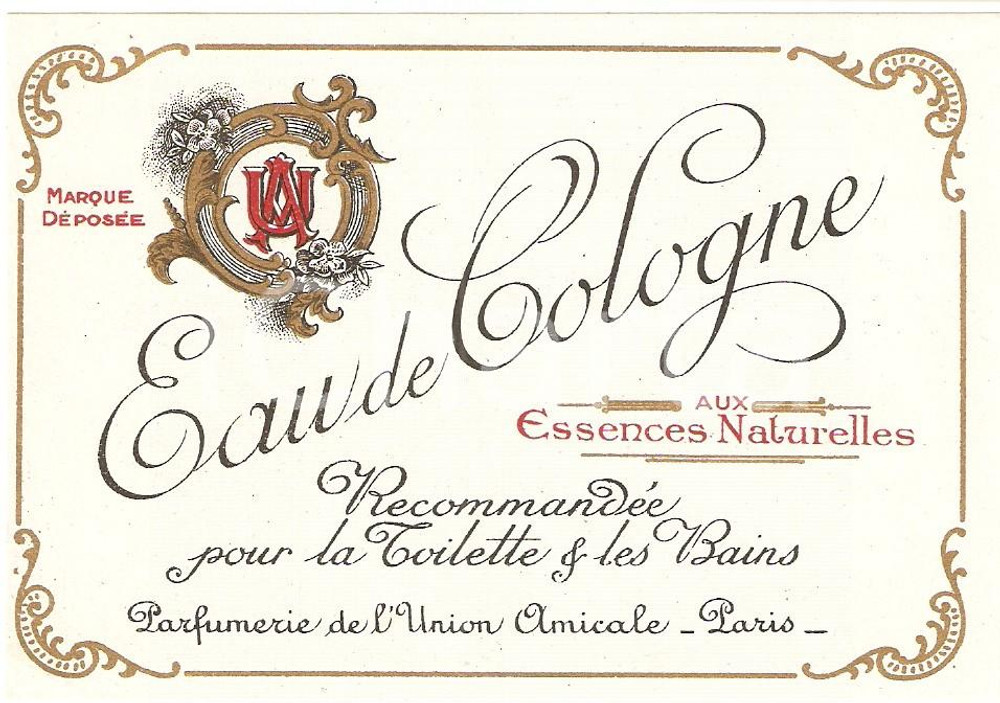 Materiale pubblicitario d’epoca 1950 ca PARIS Parfums UNION AMICALE Eau de cologne Essences naturelles Etichetta 1