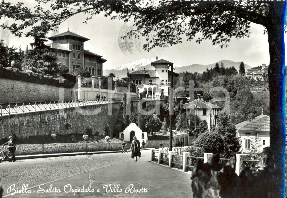Cartolina originale da collezione 1960 BIELLA Salita all OSPEDALE e Ville RIVETTI Cartolina ANIMATA FG VG 1