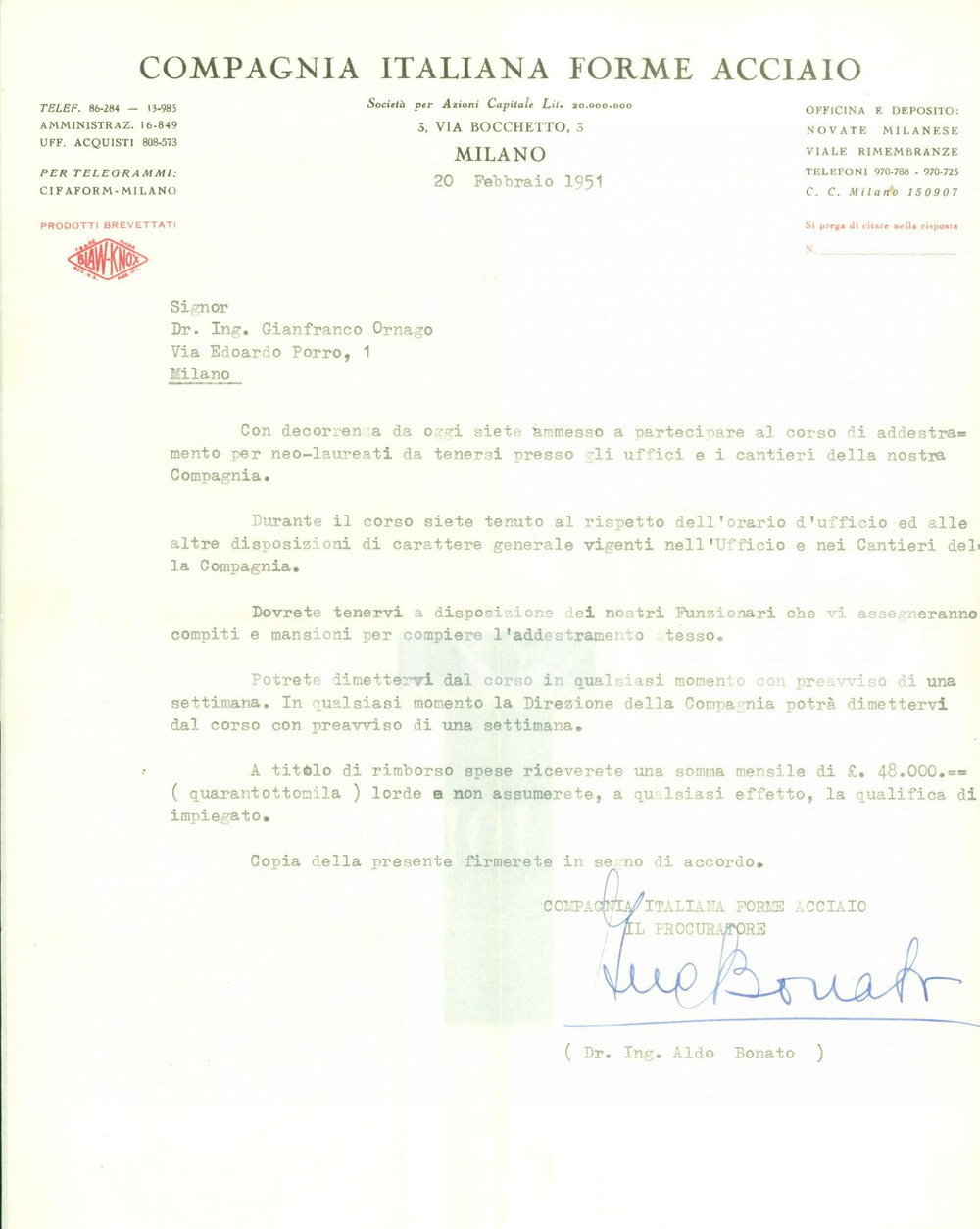 Manoscritto, lettera originale 1951 MILANO Compagnia Italiana Forme Acciaio corso addestramento neolaureati 1