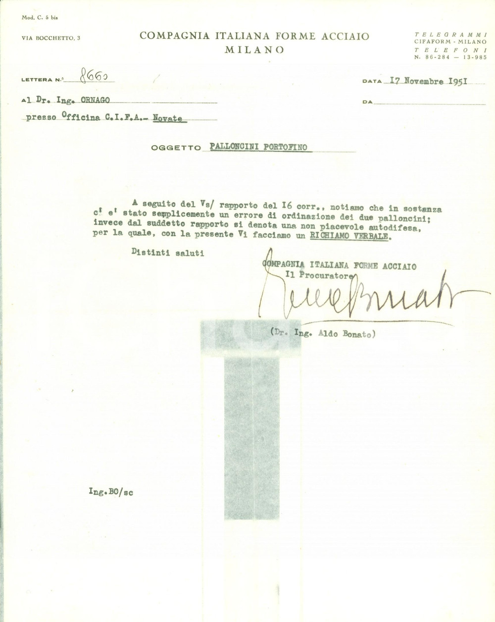 Manoscritto, lettera originale 1951 NOVATE MILANESE MI Compagnia Italiana Forme Acciaio Palloncini PORTOFINO 1