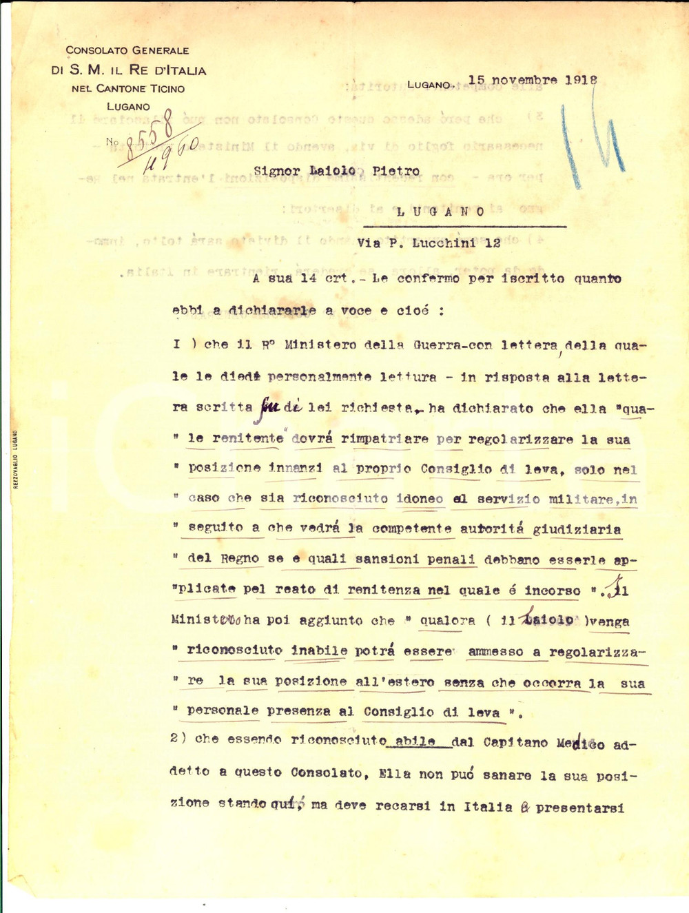 1918 LUGANO (CH) Consolato d'Italia - Pietro LAIOLO renitente alla leva