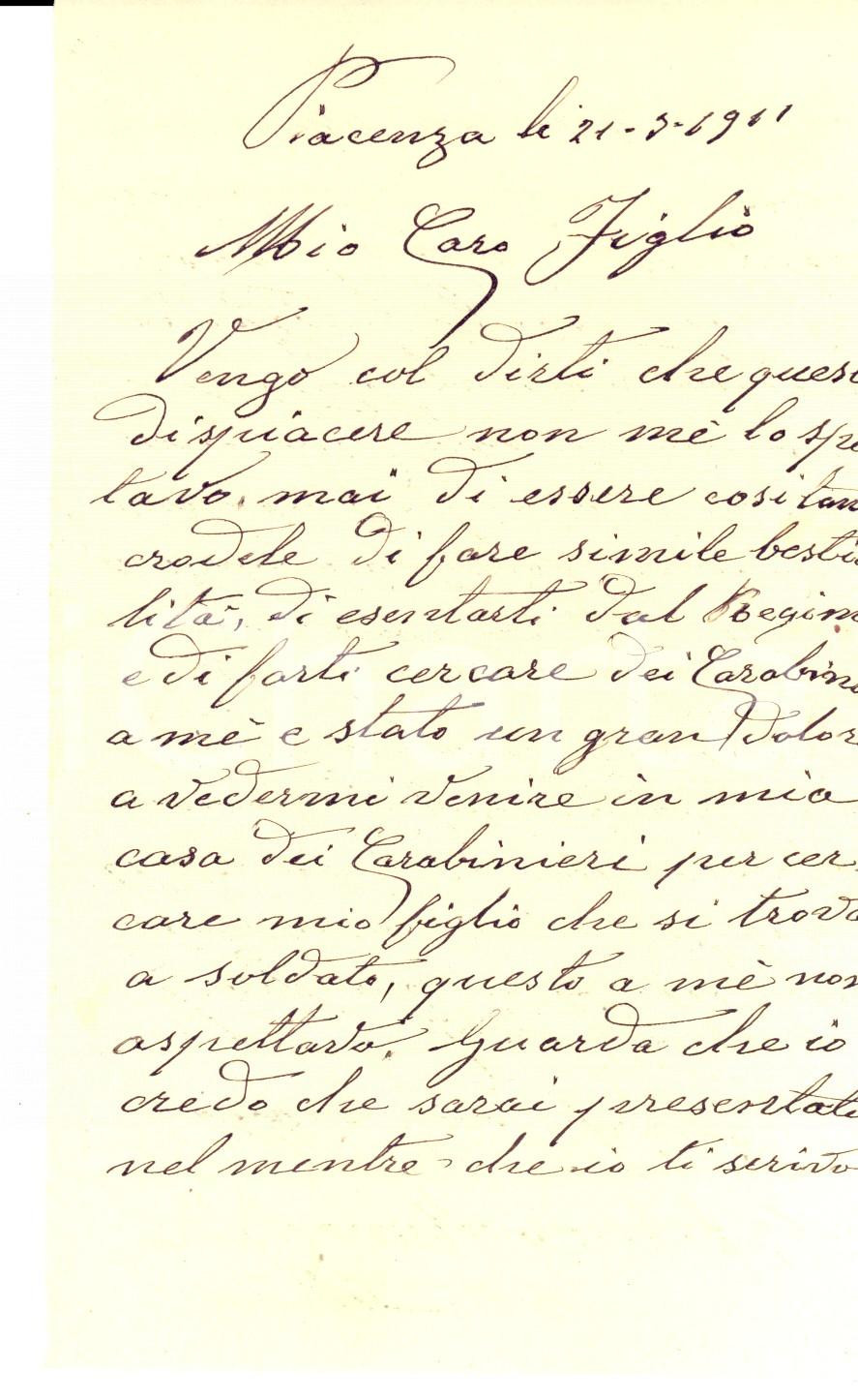 Manoscritto, lettera originale 1911 PIACENZA Dolore di un padre per il figlio ricercato dai carabinieri 1