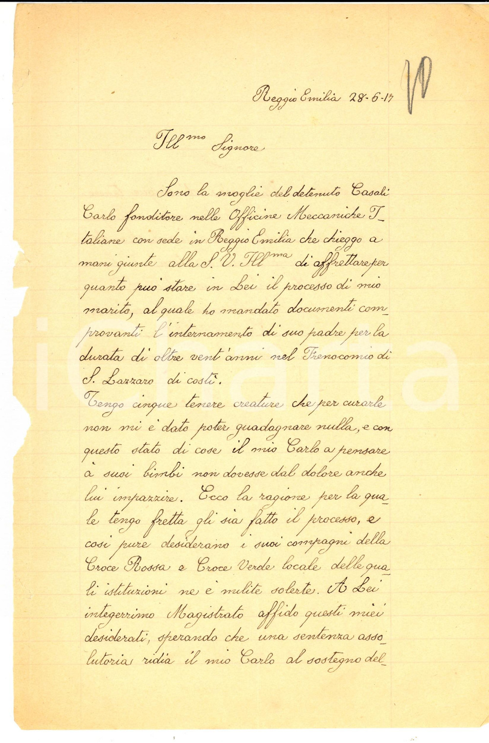 Manoscritto, lettera originale 1917 REGGIO EMILIA Elettra CASALI chiede di liberare il marito dalla prigione 1