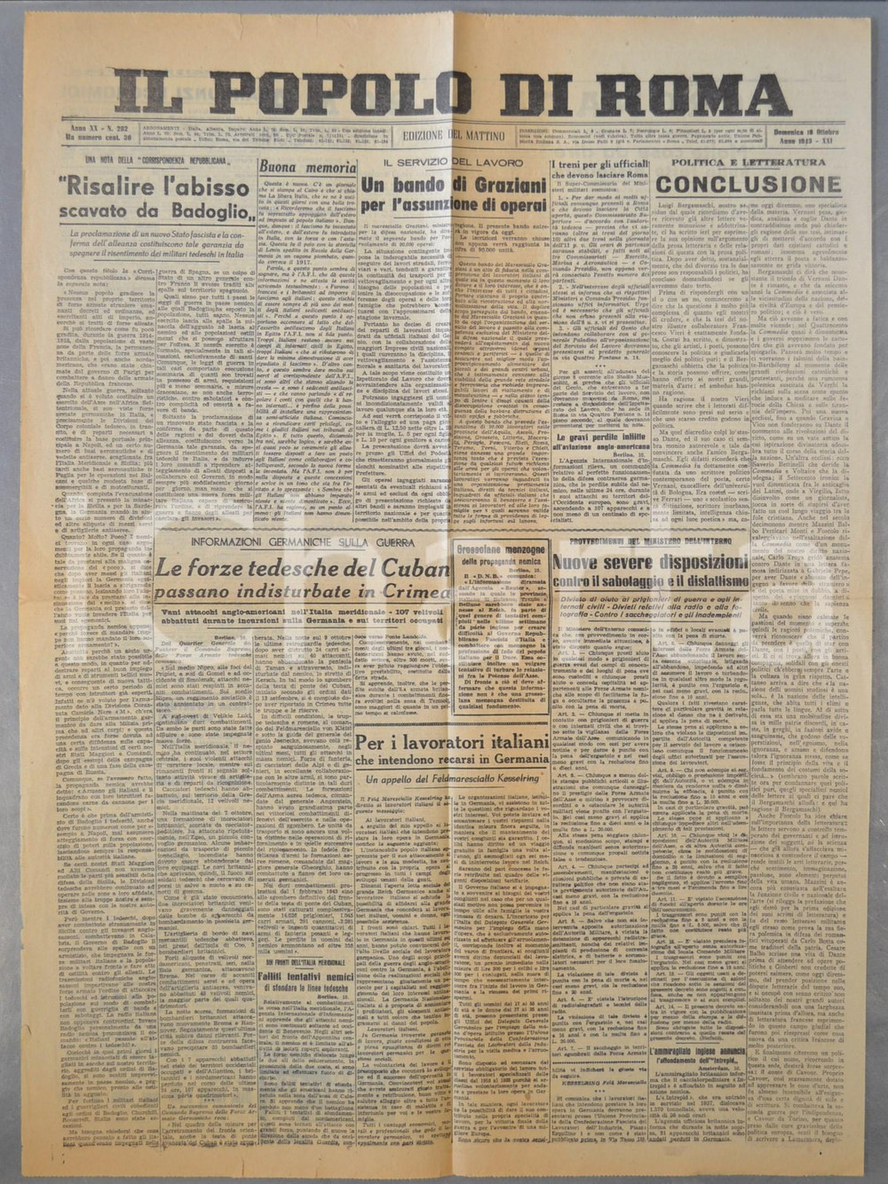Giornale, rivista storica 1943 WW2 IL POPOLO DI ROMA Tedeschi del CUBAN in Crimea Giornale anno XX 282 1