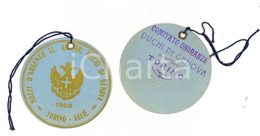 Oggetto da collezione cartaceo 1908 TORINO  AGLIE  Nozze d argento DUCHI DI GENOVA Distintivo in cartoncino 1