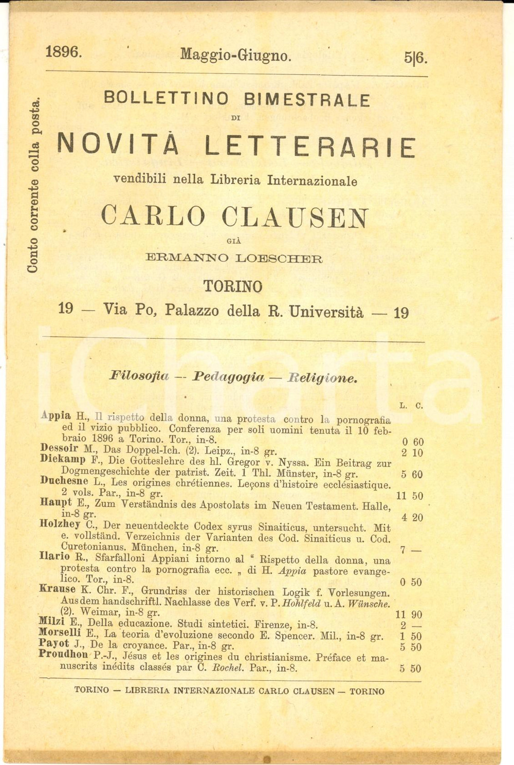Libro, pubblicazione d epoca MaggioGiugno 1896 TORINO Catalogo libreria Carlo CLAUSEN Filosofia e religione 1