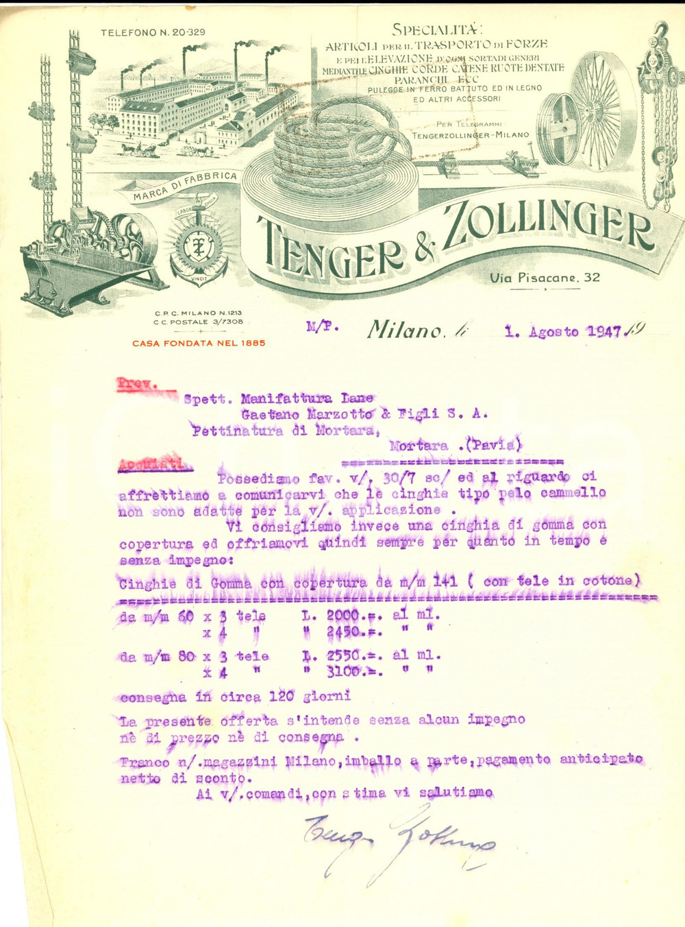 Documento originale, autentico 1947 MILANO Ditta TENGER & ZOLLINGER  Preventivo per cinghie di gomma 1