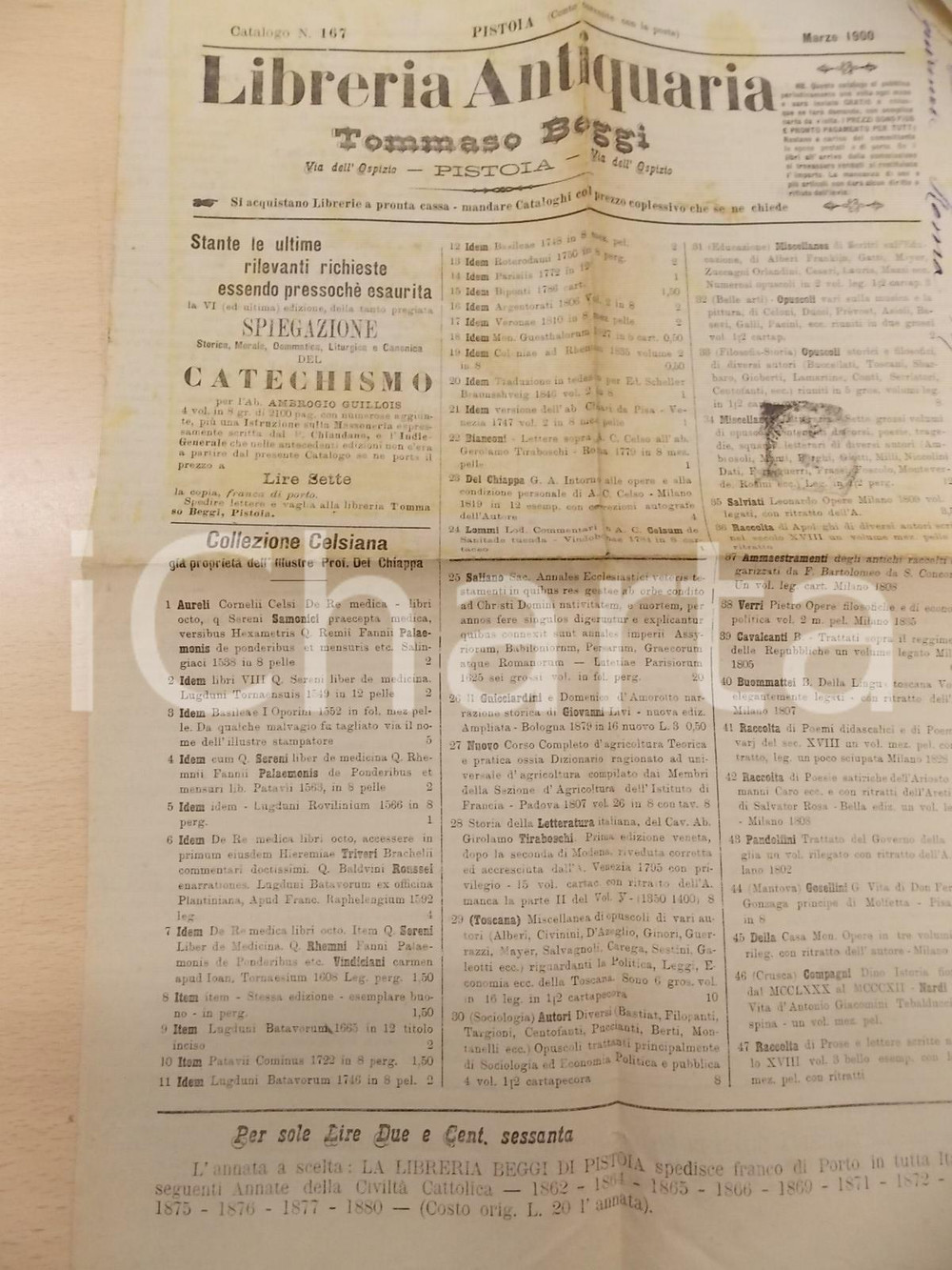 Giornale, rivista storica 1900 PISTOIA Libreria Tommaso BEGGI Collezione prof. DEL CHIAPPA Catalogo n° 167 1