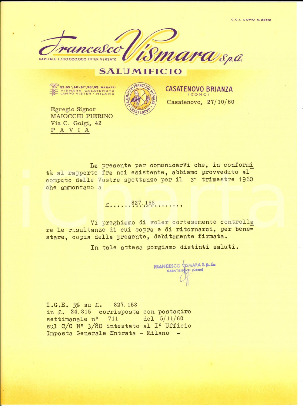 Documento originale, autentico 1960 CASATENOVO  Ditta Francesco VISMARA  Provvigioni rappresentante 1
