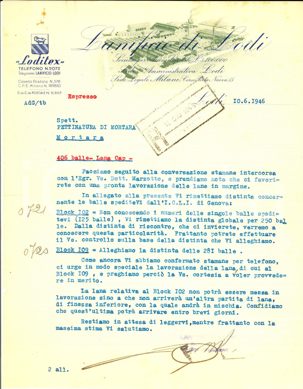 Documento originale, autentico 1946 LANIFICIO DI LODI Lettera commerciale per spedizione lane Carta intestata 1