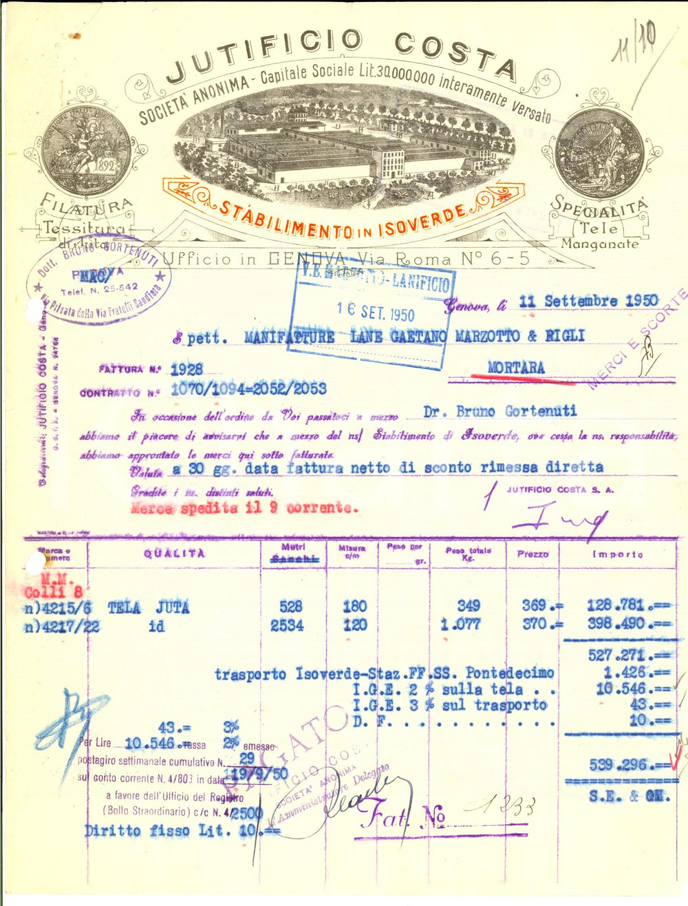 Documento originale, autentico 1950 GENOVA Jutificio COSTA Juta e tele manganate Fattura ILLUSTRATA 1