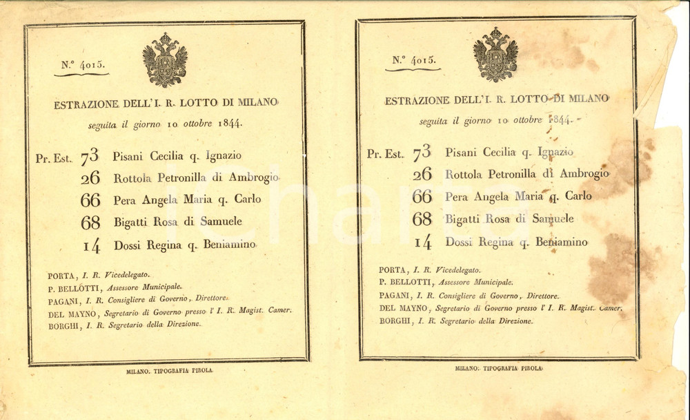 Documento originale, autentico 1844 MILANO Estrazione I. R. LOTTO 10 ottobre n° 4015  DANNEGGIATO 1