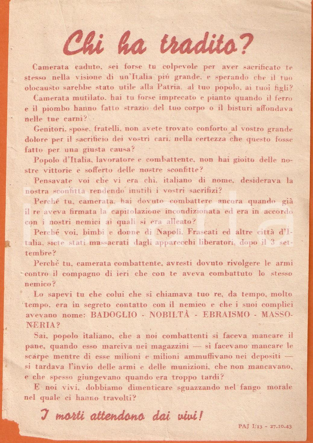 Documento originale, autentico 1943 PROPAGANDA RSI Non bisogna dimenticare chi ha tradito EBREI BADOGLIO 2 1