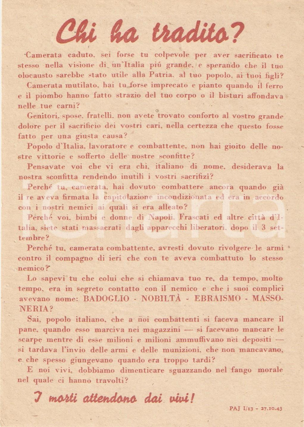 Documento originale, autentico 1943 PROPAGANDA RSI Non bisogna dimenticare chi ha tradito EBREI BADOGLIO 3 1