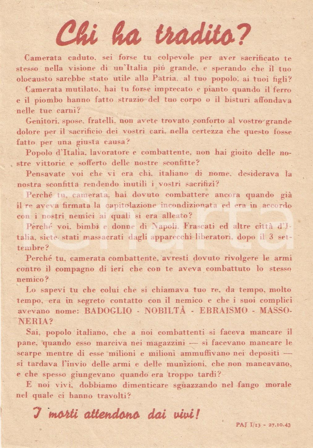Documento originale, autentico 1943 PROPAGANDA RSI Non bisogna dimenticare chi ha tradito EBREI BADOGLIO 4 1