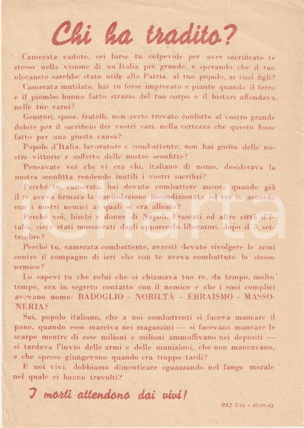 Documento originale, autentico 1943 PROPAGANDA RSI Non bisogna dimenticare chi ha tradito EBREI BADOGLIO 6 1
