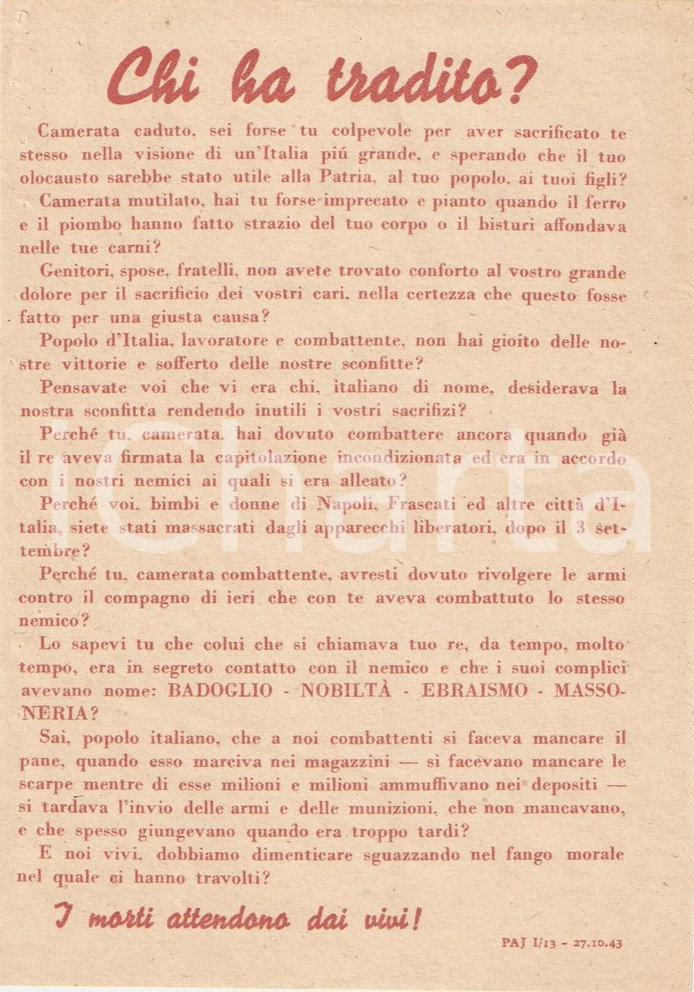 Documento originale, autentico 1943 PROPAGANDA RSI Non bisogna dimenticare chi ha tradito EBREI BADOGLIO 8 1